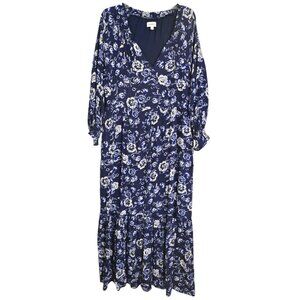 Evereve Womens Navy Blue Floral Maxi Dress Split Neck Long‎ Sleeve Lined Size L